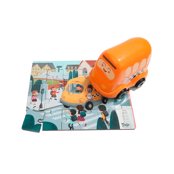 Camión escolar con rompecabezas